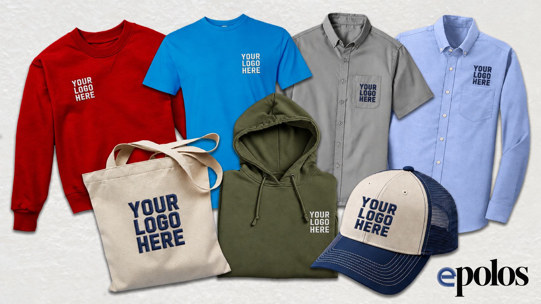Embroidered crewneck sweatshirt, t-shirt, business shirt, long sleeve tee and cap, each showing Your Logo Here