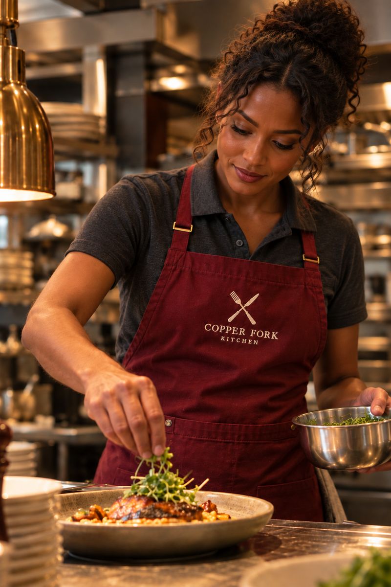 Chef in a burgundy apron with a crossed fork and knife logo embroidered on the chest, plating a dish