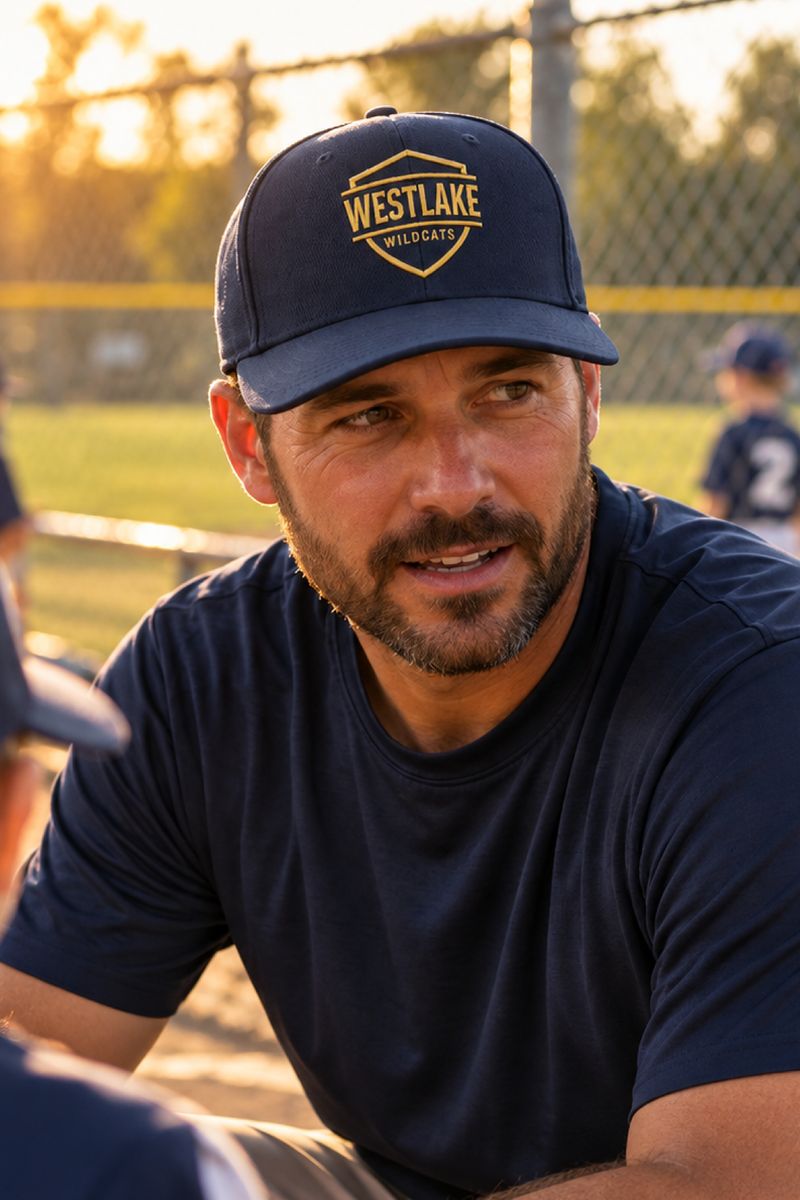 Man in a navy trucker cap with a gold shield logo embroidered on the front panel at a sunlit ball field