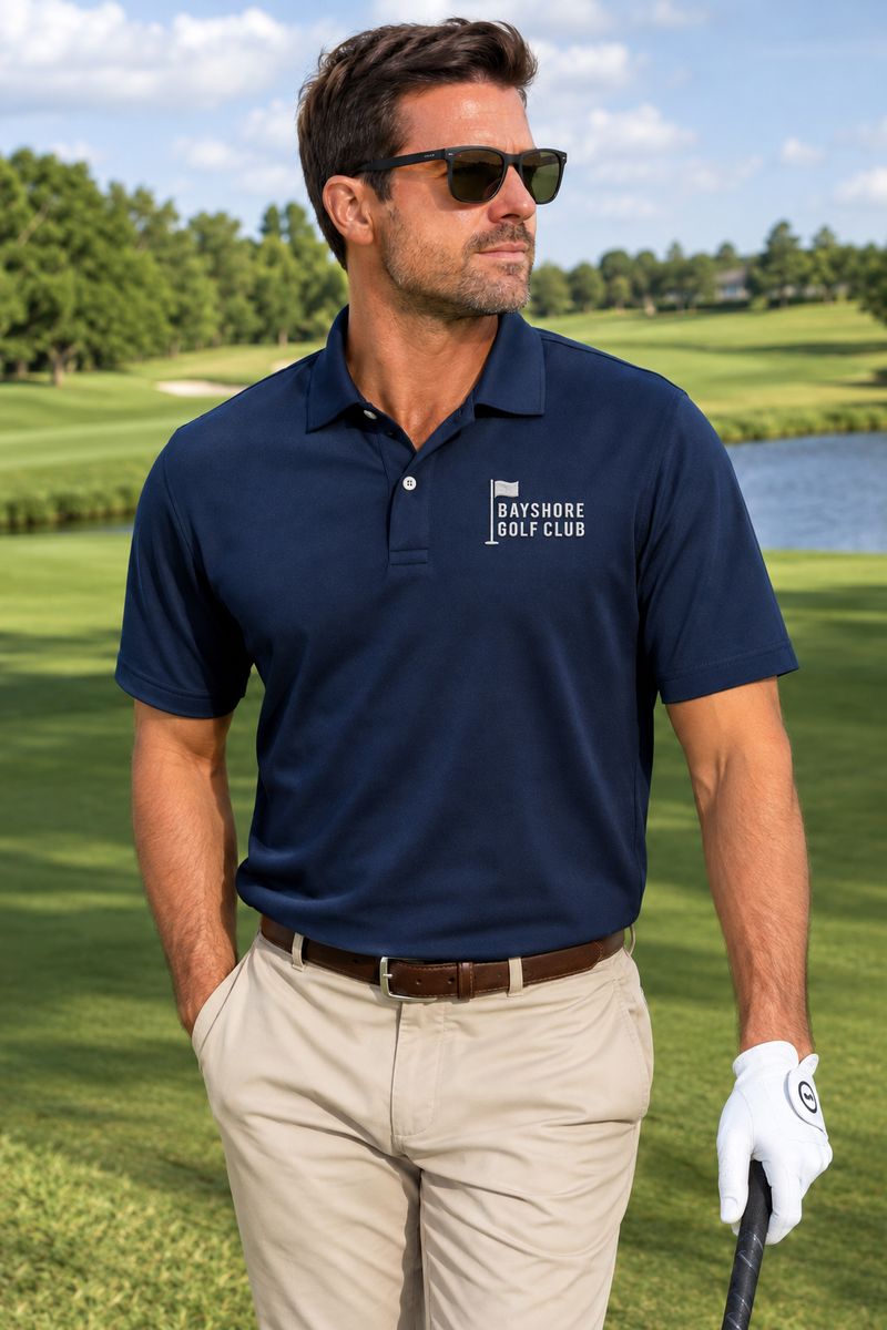 Golf pro in a navy performance polo with a flag and wordmark logo embroidered on the left chest, behind a pro shop counter